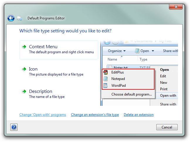 Default Programs Editor: File Types page